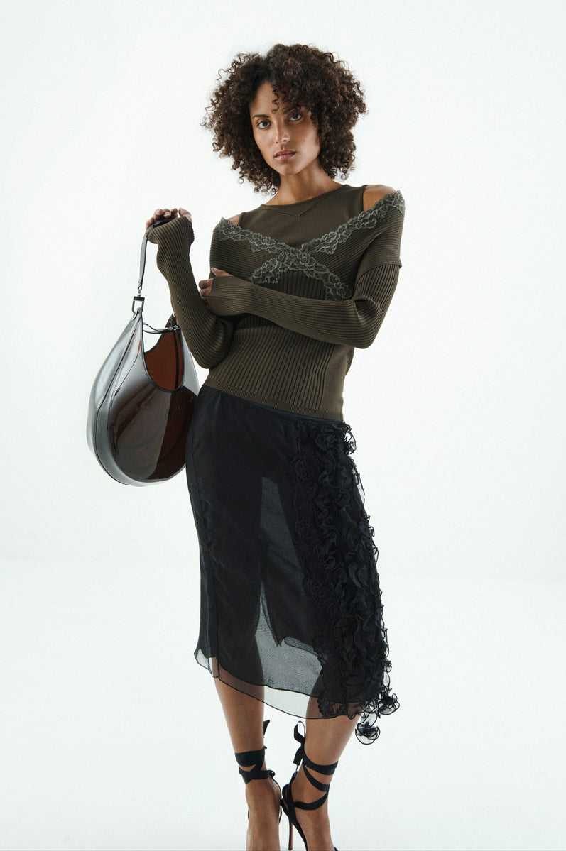 ORGANZA MIDI SKIRT WITH RUFFLES AND LACE DETAIL- Last one