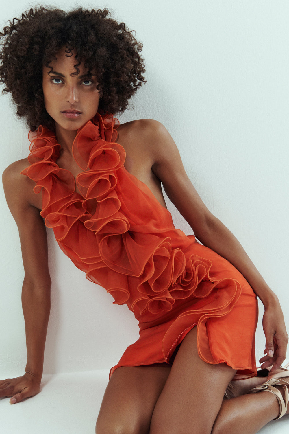 SLEEVELESS ORGANZA MINI DRESS WITH RUFFLES - 4 LEFT