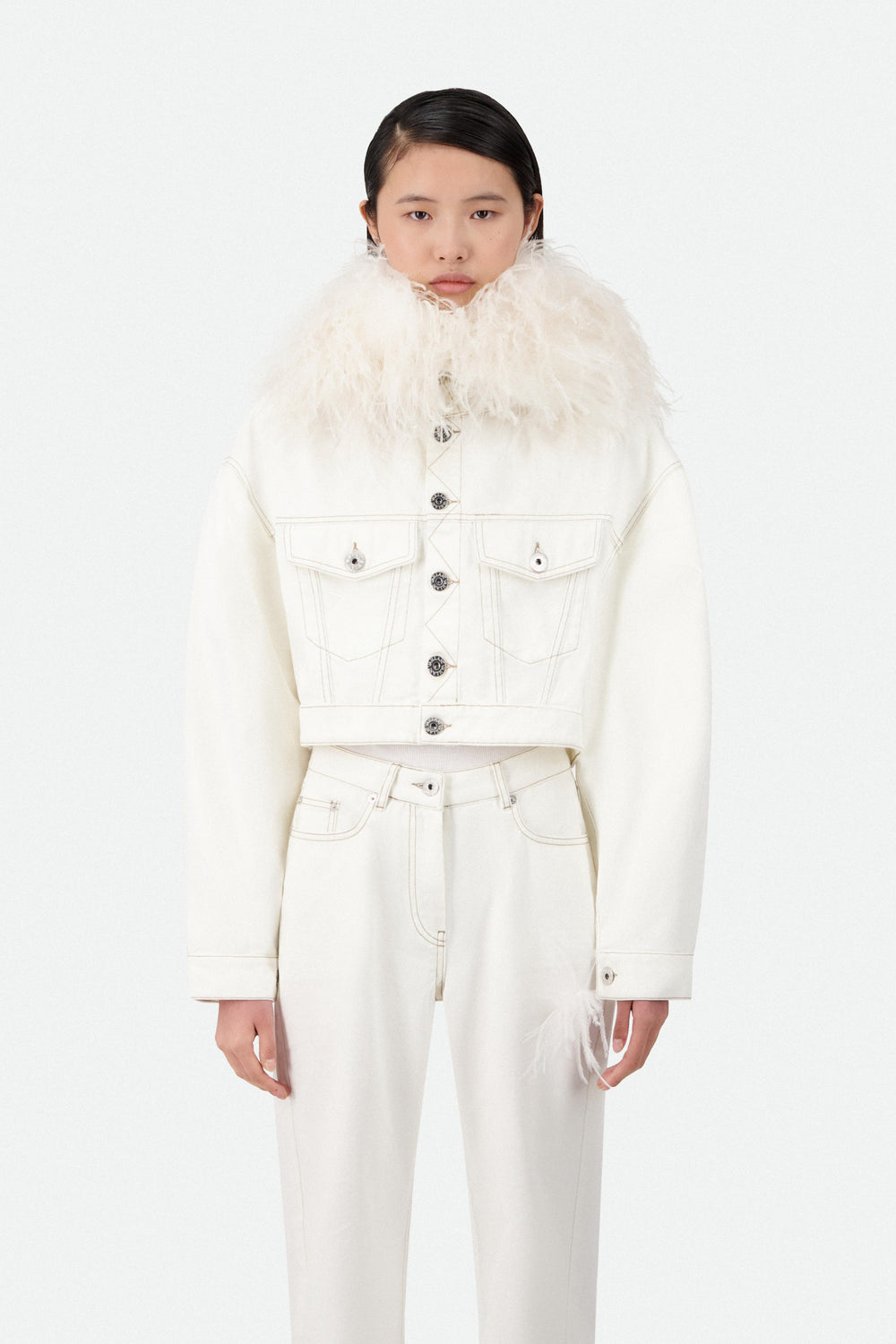MUTTON SLEEVE DENIM JACKET WITH FEATHER COLLAR (1100€) - Vaillant Studio