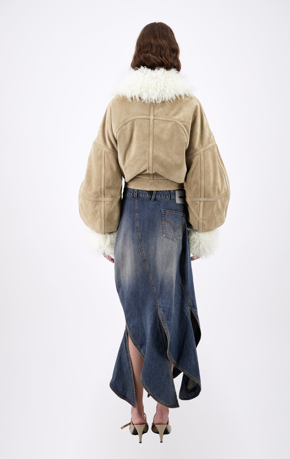 WASHED AND STAINED DENIM PETAL-SHAPED LONG SKIRT