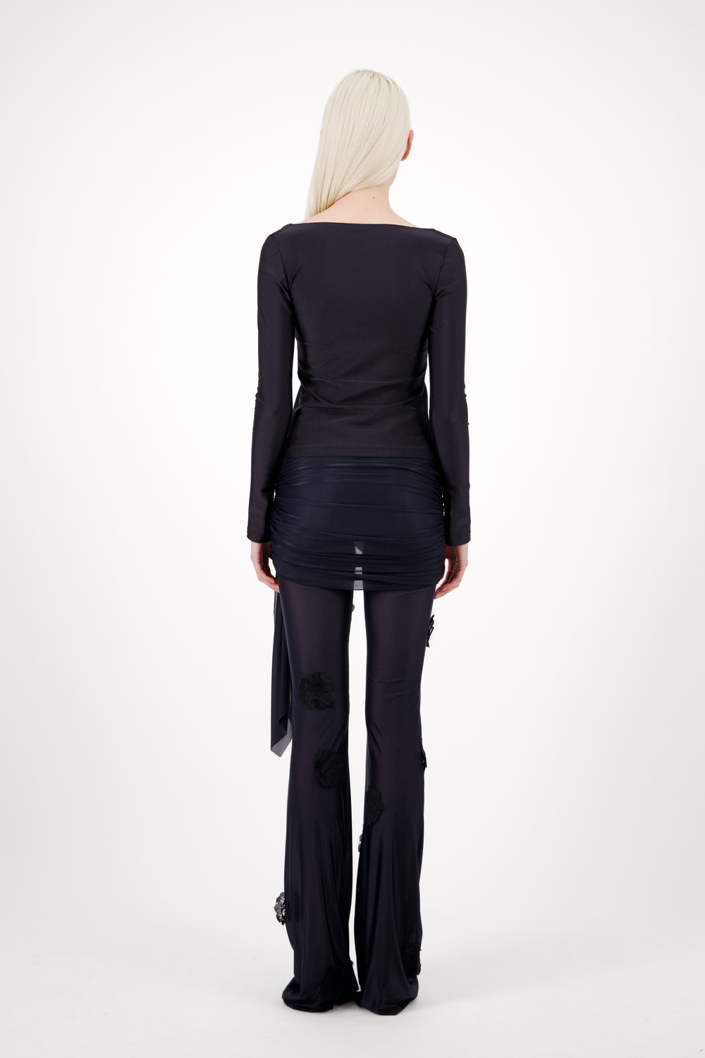 Fitted Long Sleeved  Black Top with Asymmetrical Lace detail