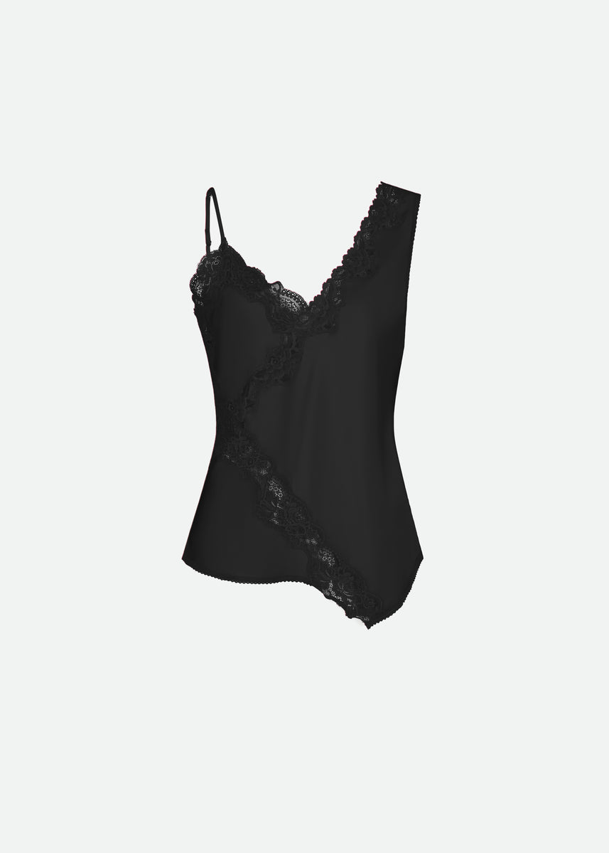 SATIN ASYMMETRICAL TANK TOP W/ LACE DETAIL