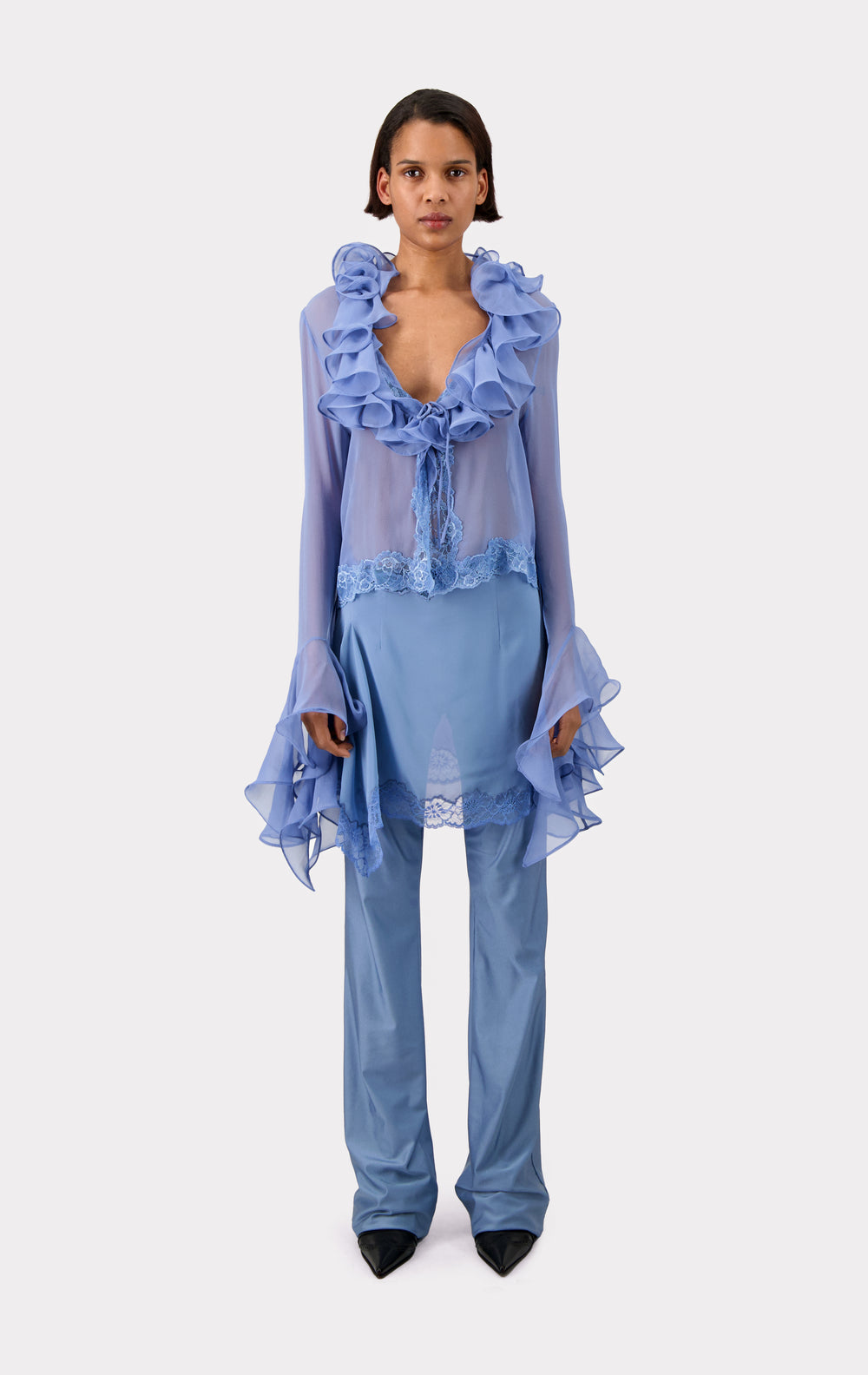 Ruffled Blue  Blouse with Flared Sleeves - LAST ONE