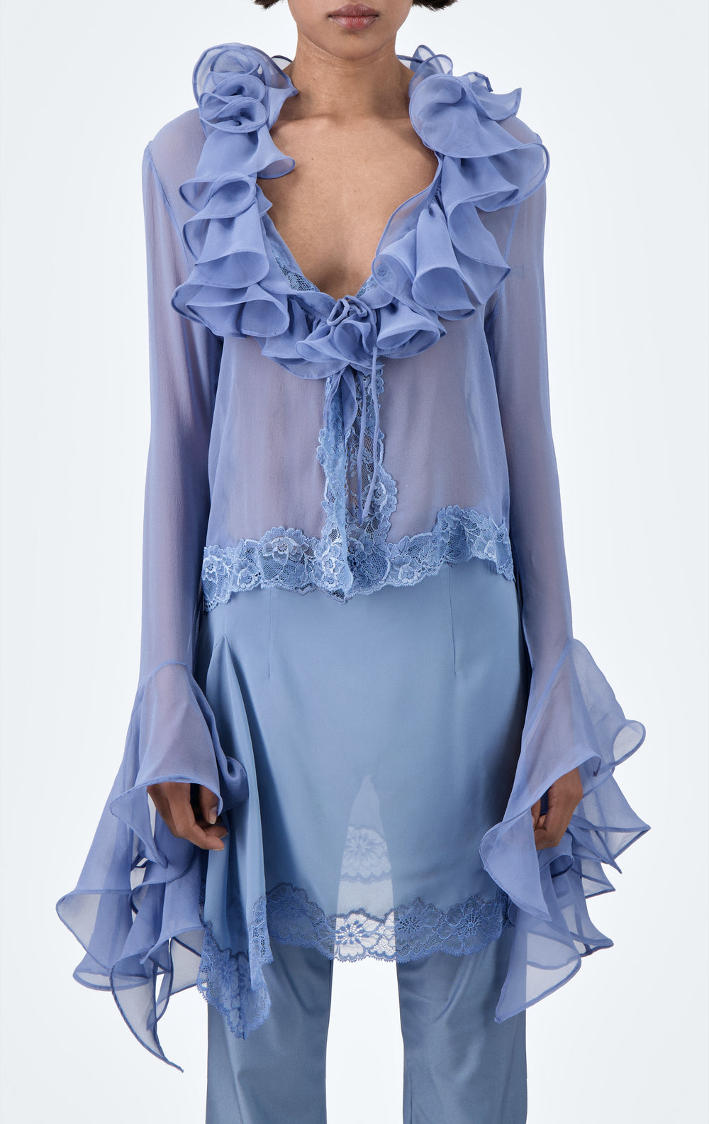 Ruffled Blue  Blouse with Flared Sleeves - LAST ONE