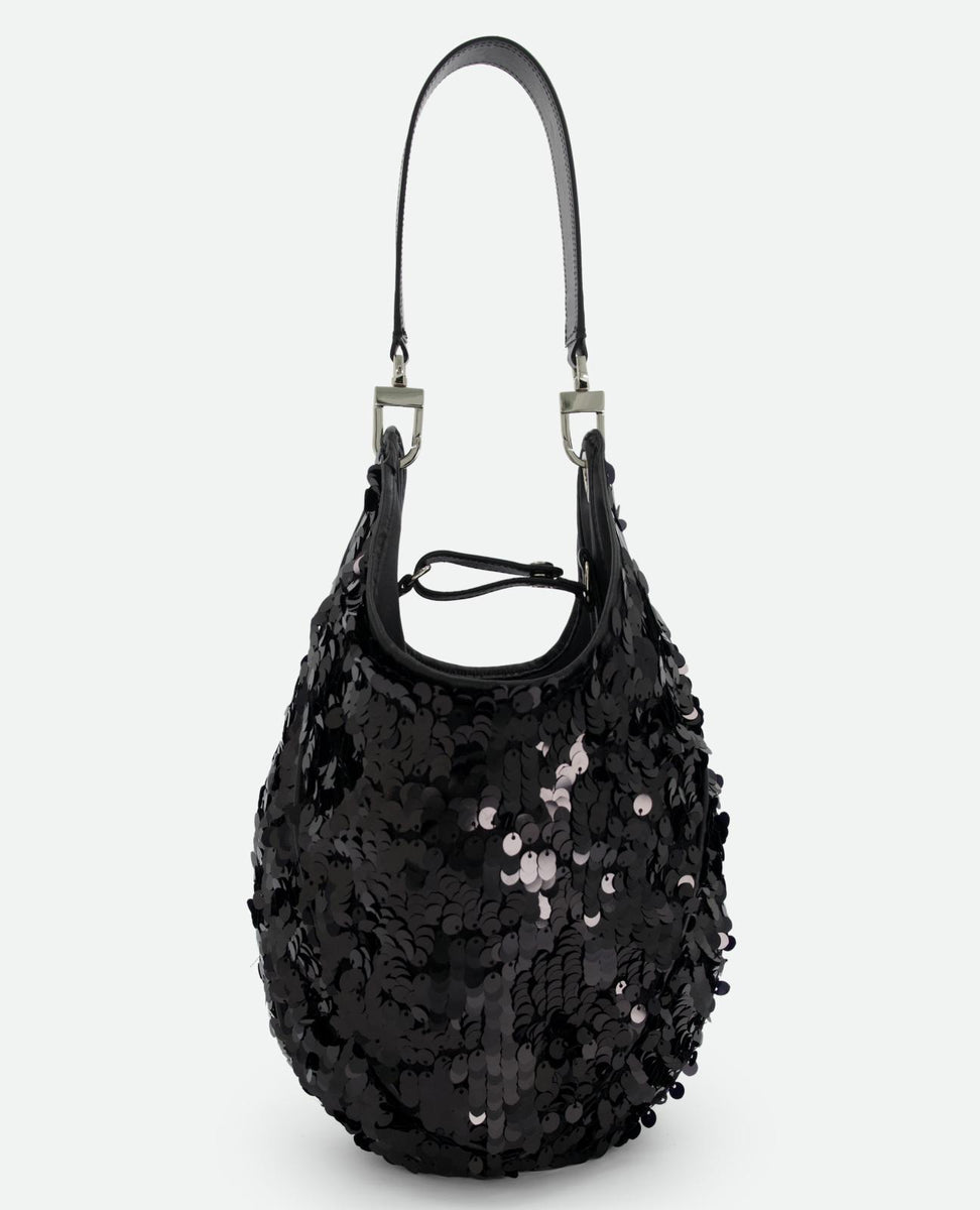 SMALL SEQUIN BUCKET BAG W/ SWIVEL HANDLE DETAILS