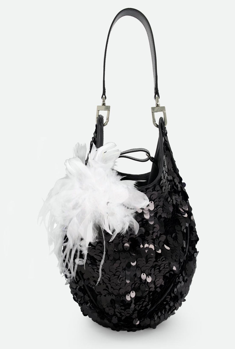 SMALL SEQUIN BUCKET BAG W/ FEATHER BROACH