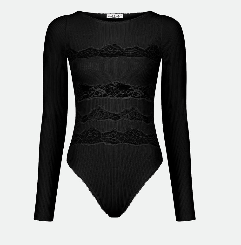 LONG SLEEVE BODYSUIT W/ HORIZONTAL LACE CUTOUTS