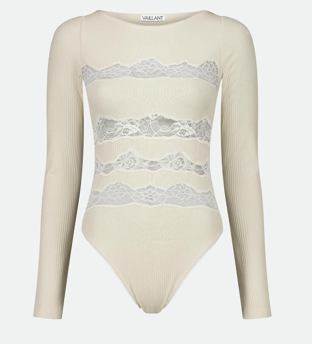 LONG SLEEVE BODYSUIT W/ HORIZONTAL LACE CUTOUTS