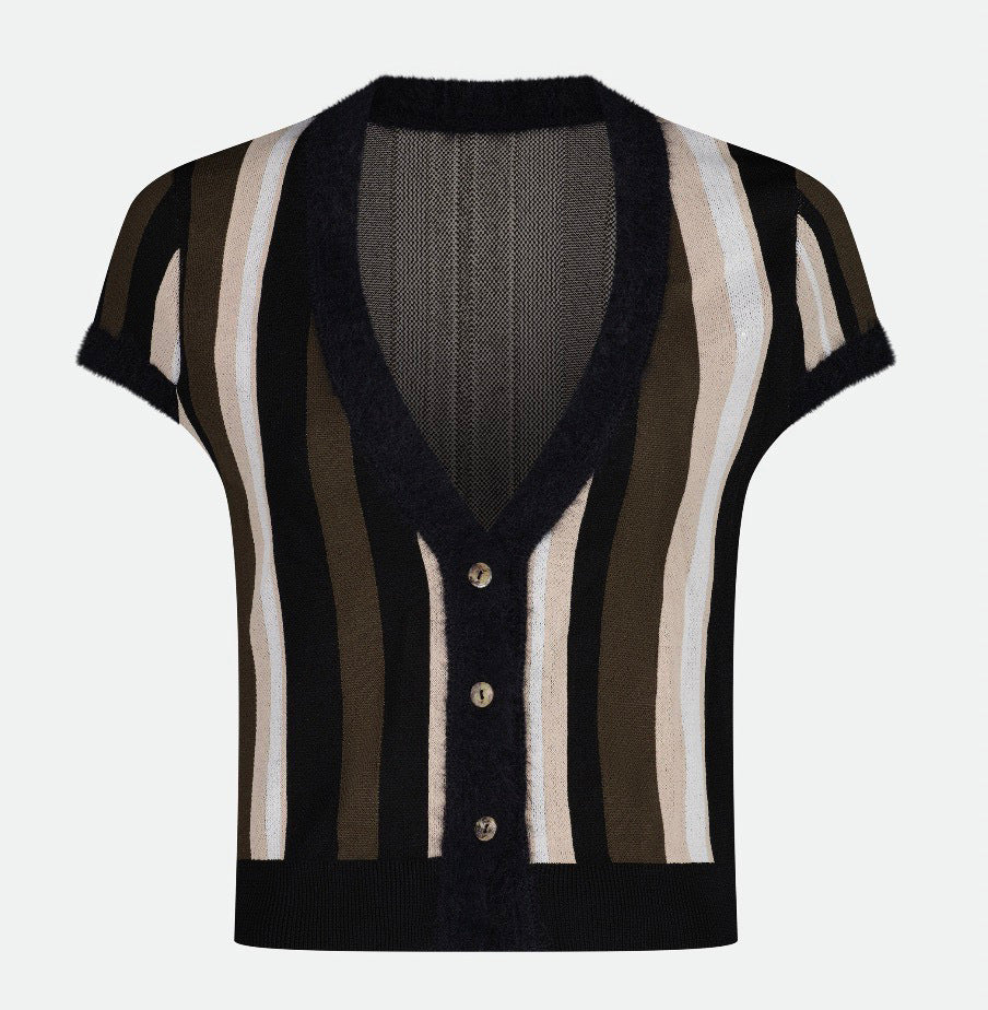 KNIT TOP STRIPED W/ CONTRAST NECKLINE & CUFF