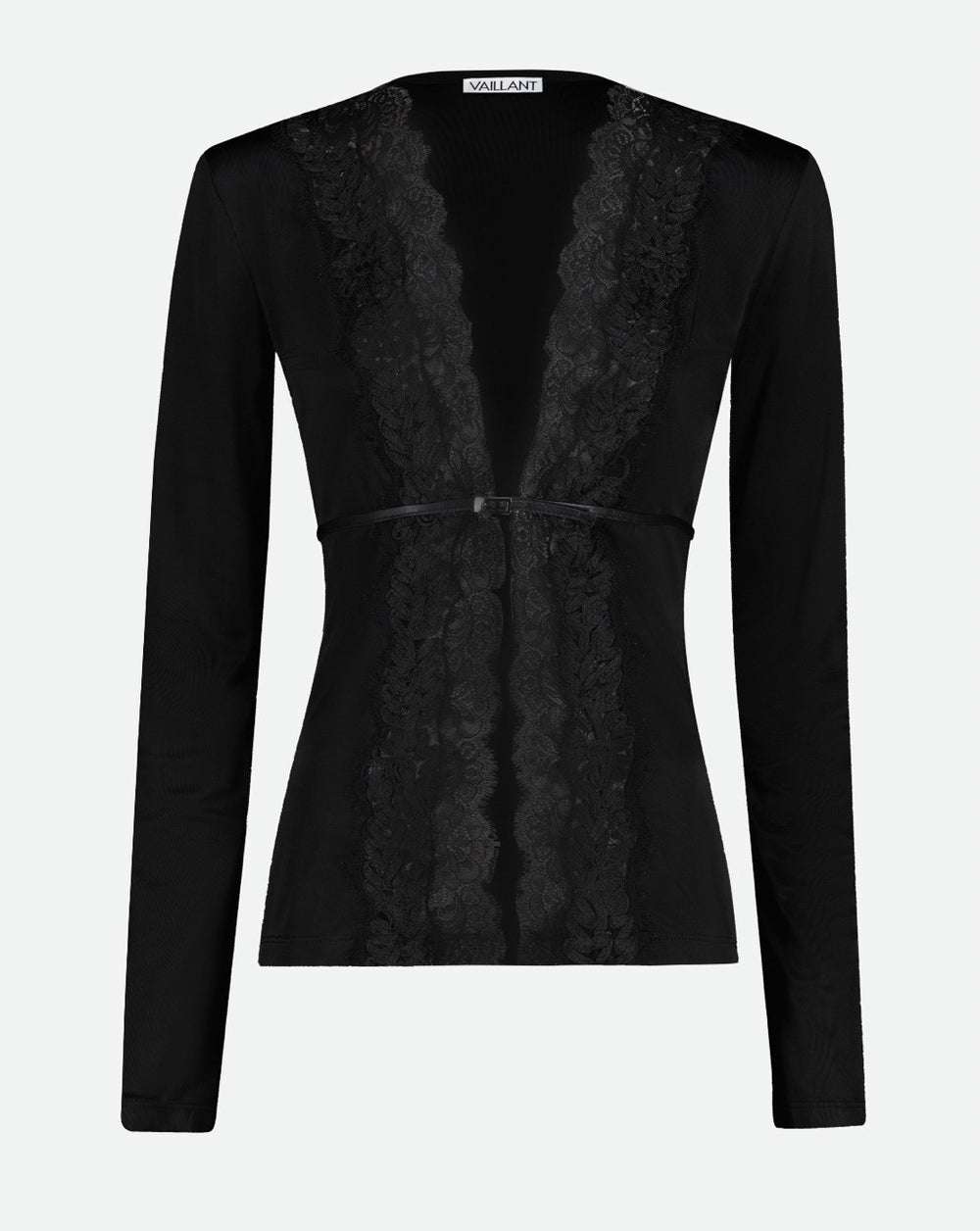 LONG SLEEVE FITTED CARDIGAN W/LACE TRIM & BELT DET