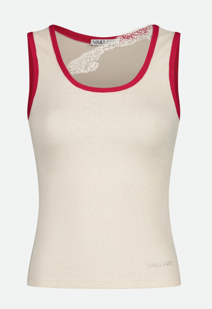 RIBBED TANK TOP WITH LACE TRIM NECKLINE