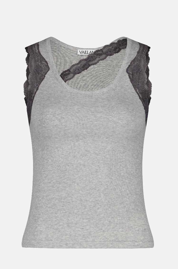 RIBBED TANK TOP WITH LACE TRIM NECKLINE