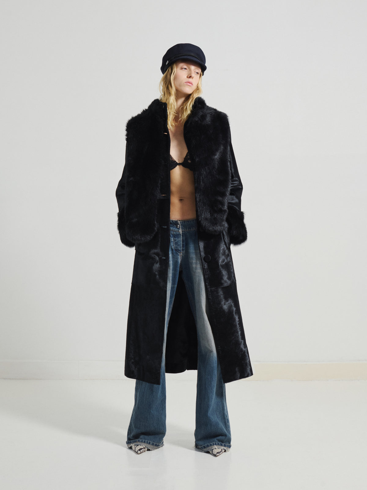 Black Pony Scarf Long Coat