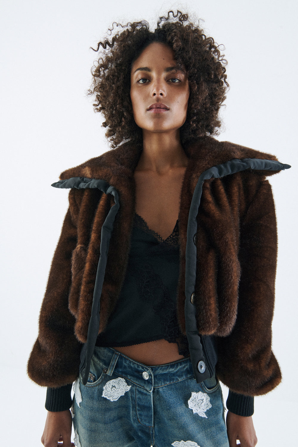 FAUX MINK BOMBER JACKET WITH OVERSIZE COLLAR