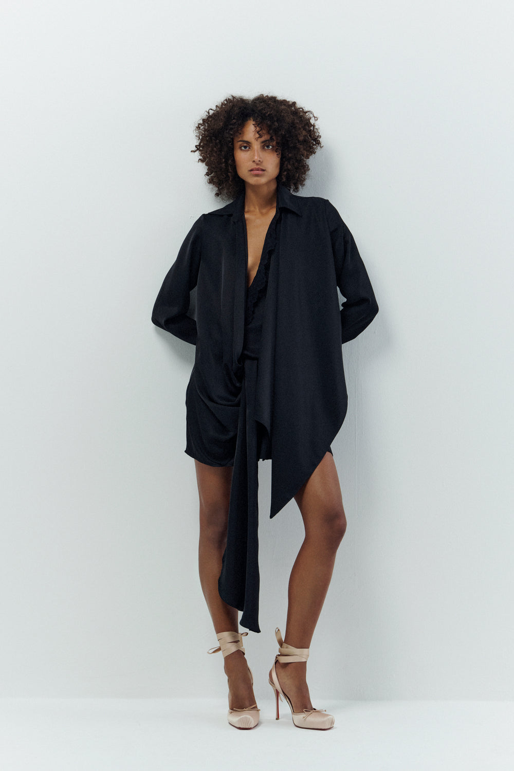 DRAPED SATIN SHIRT STYLE WRAP DRESS