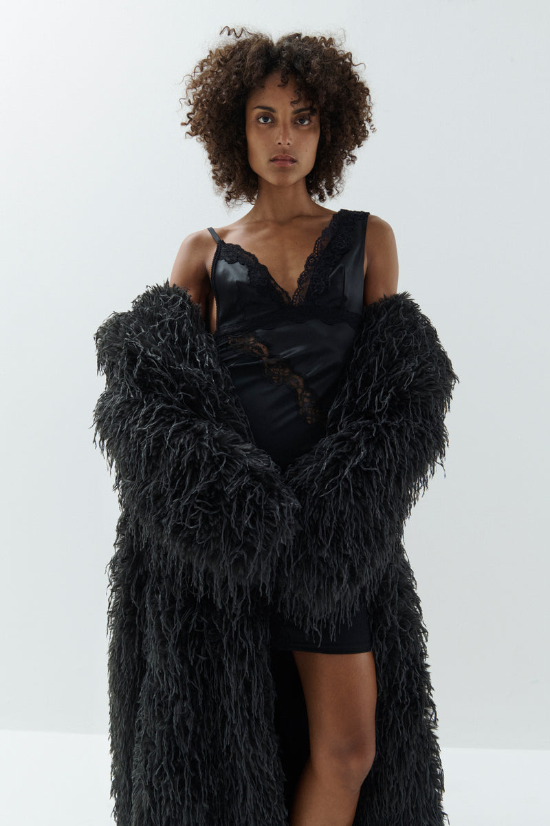 LONG FAUX FEATHER DOUBLE BREASTED COAT