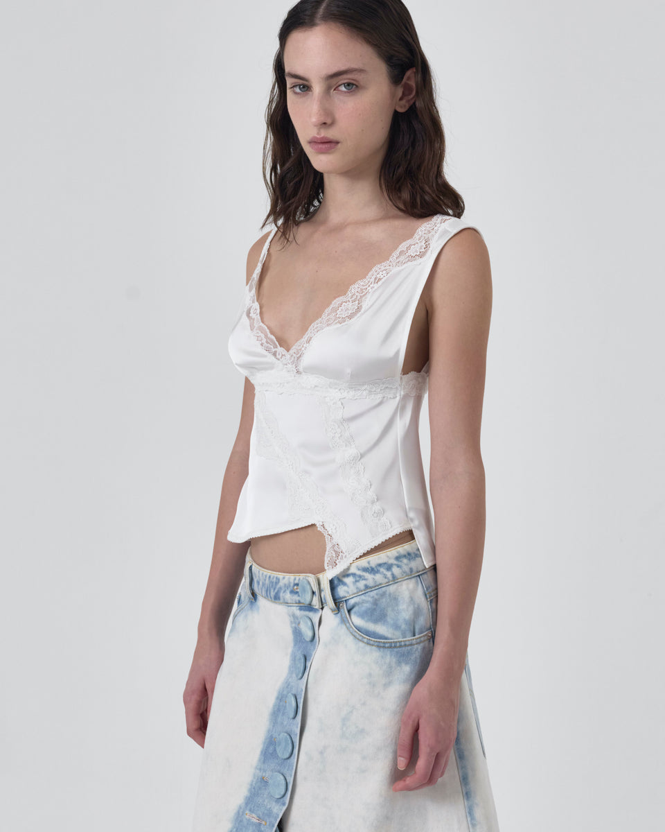 SIGNATURE SATIN ASYMMETRIC LACE TANK TOP