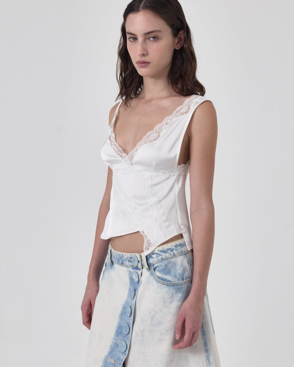 SIGNATURE SATIN ASYMMETRIC LACE TANK TOP