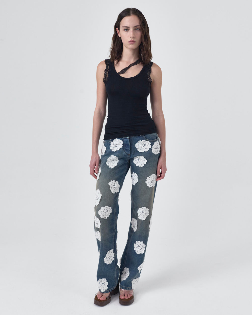 WASHED AND STAINED DENIM JEANS W/ LACE POLKA DOTS - OUT OF STOCK