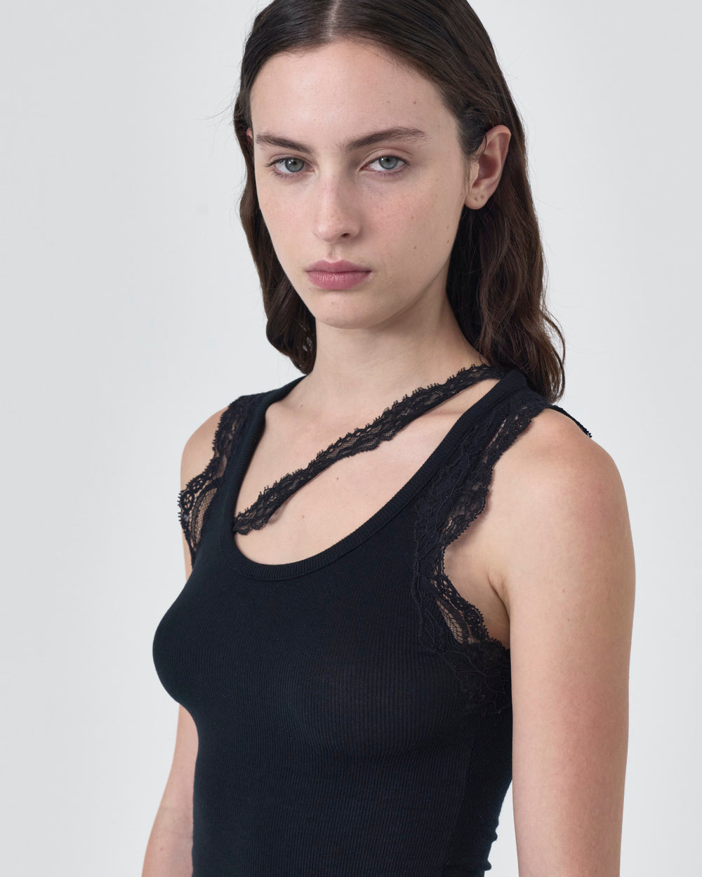 RIBBED TANK TOP WITH LACE TRIM NECKLINE - OUT OF STOCK