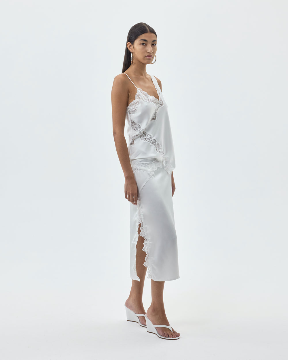 SATIN ASYMMETRICAL TANK TOP W/ LACE DETAIL