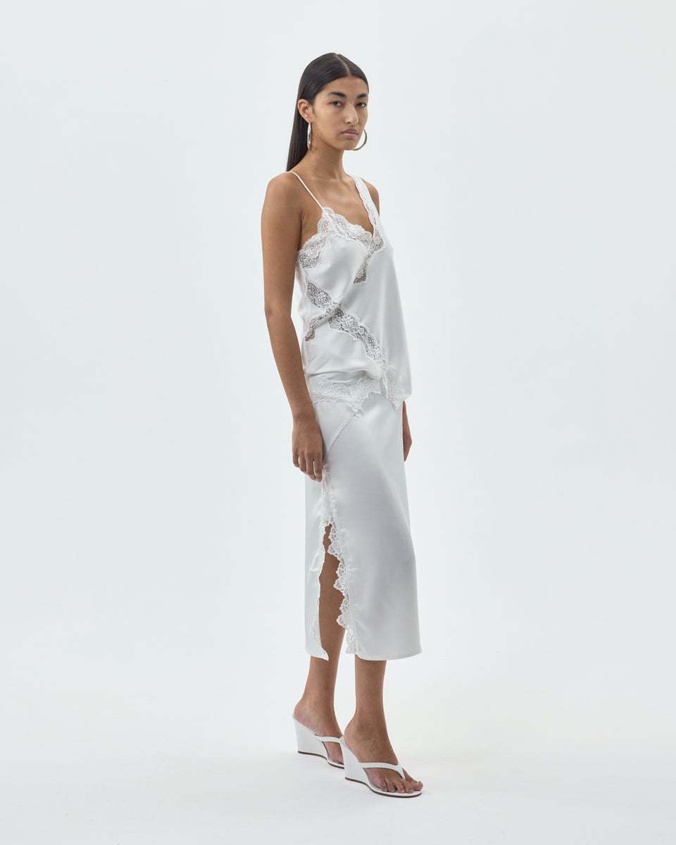 SATIN ASYMMETRICAL TANK TOP W/ LACE DETAIL