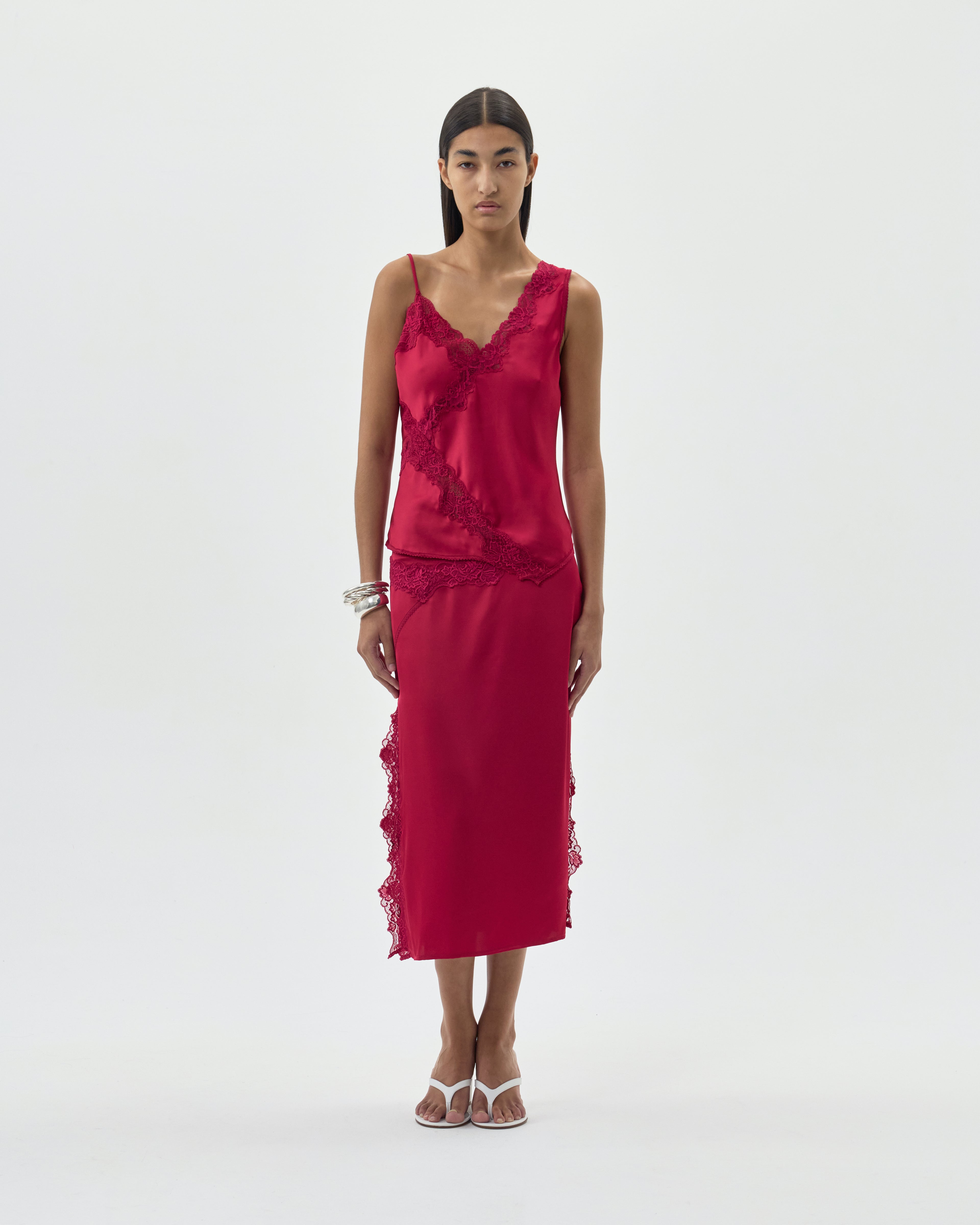 SATIN ASYMMETRICAL TANK TOP W/ LACE DETAIL