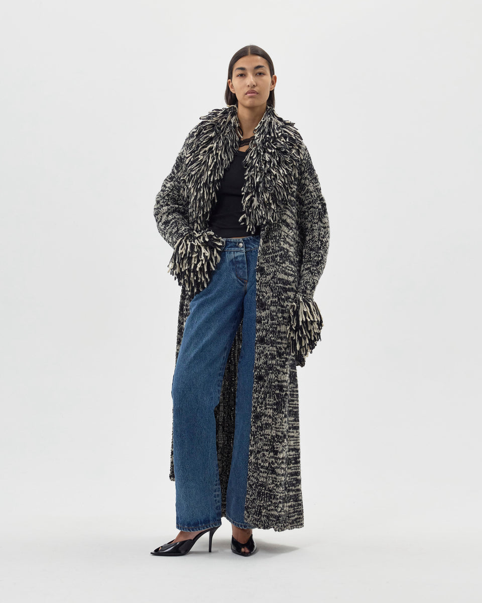 LONG KNIT ROBE COAT W/ BOUCLÉ COLLAR AND CUFFS