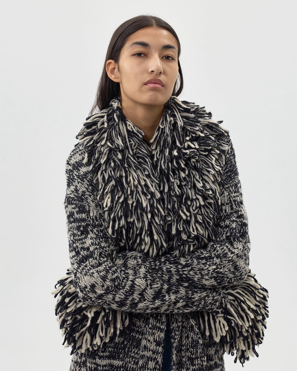 LONG KNIT ROBE COAT W/ BOUCLÉ COLLAR AND CUFFS