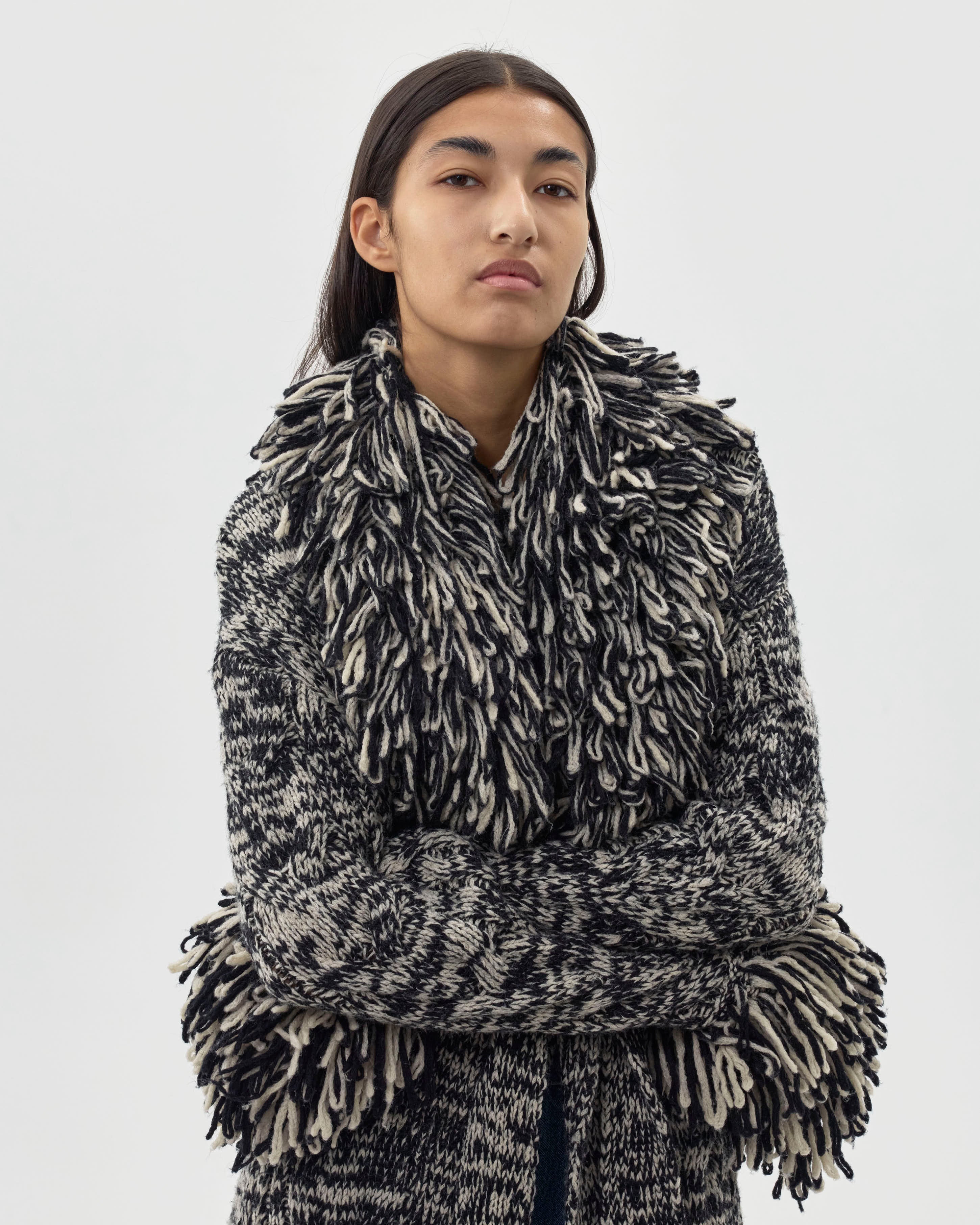 LONG KNIT ROBE COAT WITH BOUCLÉ COLLAR AND CUFFS - 3 Left