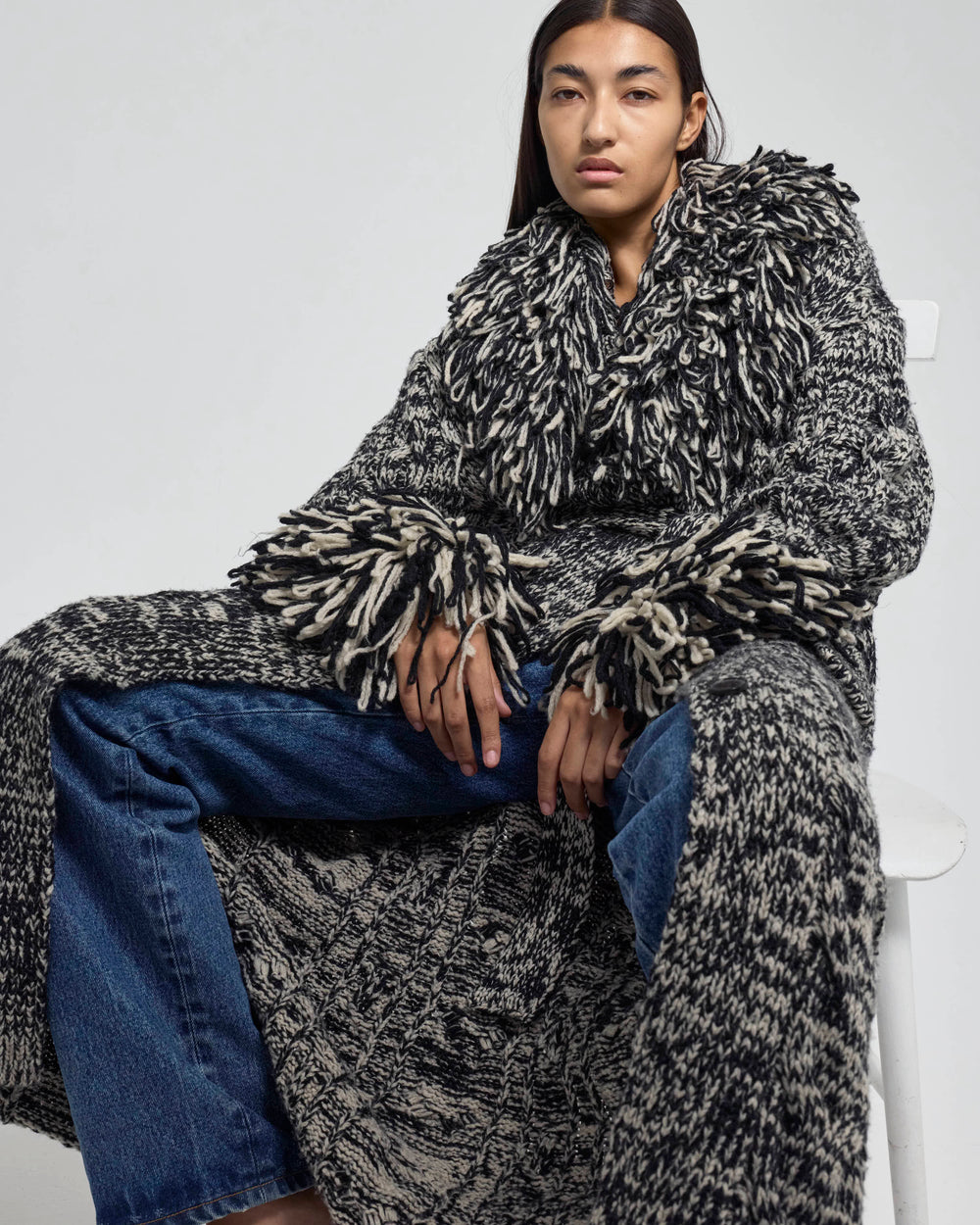 LONG KNIT ROBE COAT W/ BOUCLÉ COLLAR AND CUFFS