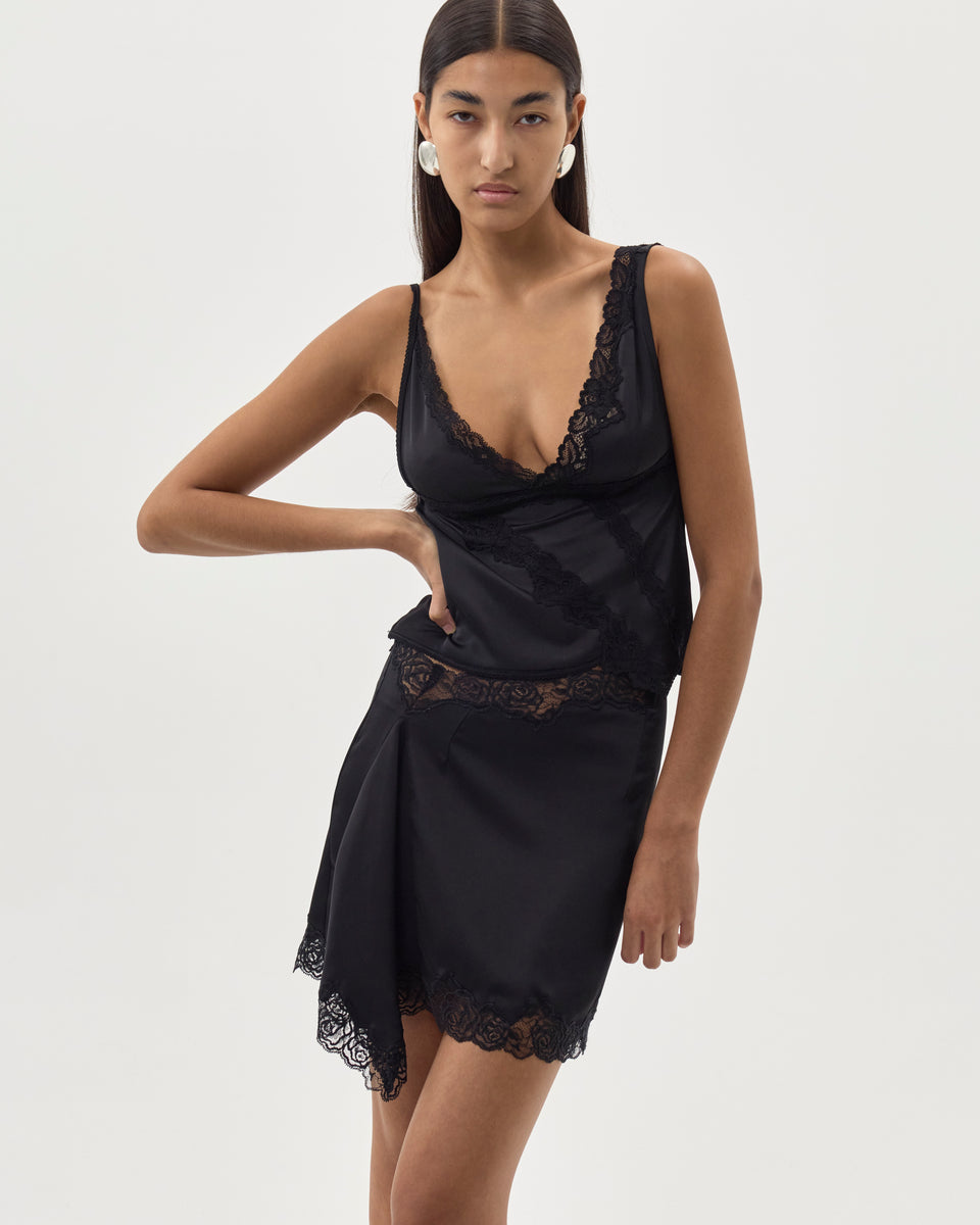 SIGNATURE SATIN ASYMMETRIC LACE TANK TOP