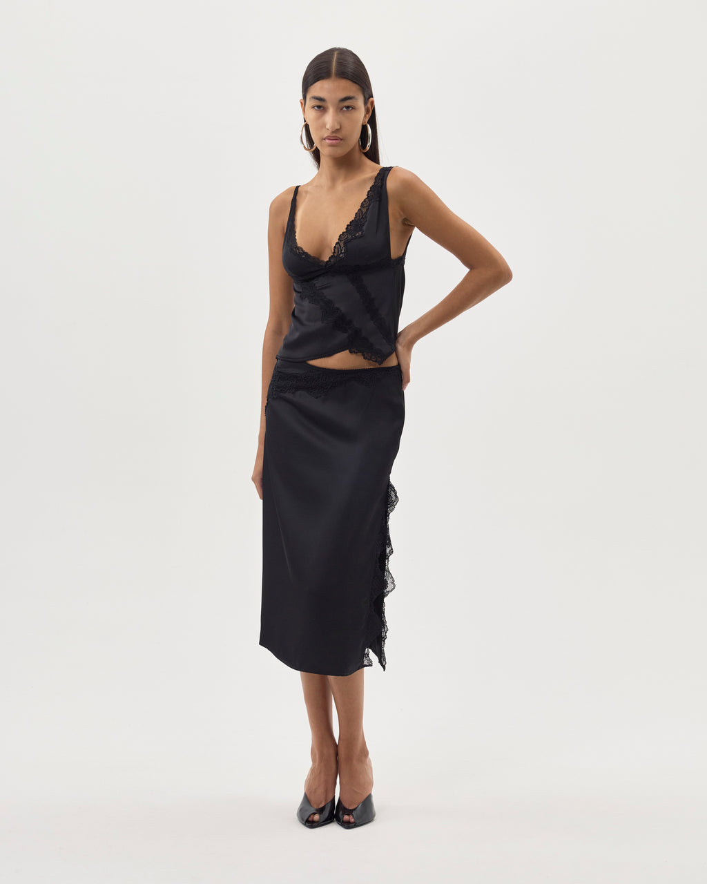 SIGNATURE SATIN ASYMMETRIC LACE TANK TOP - 3 Left