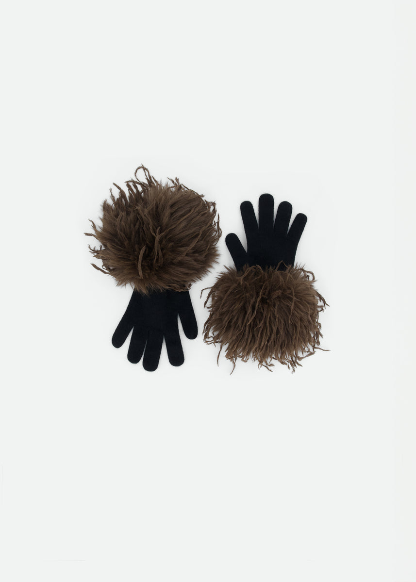 GLOVES WITH BROWN FAUX FEATHER TRIM