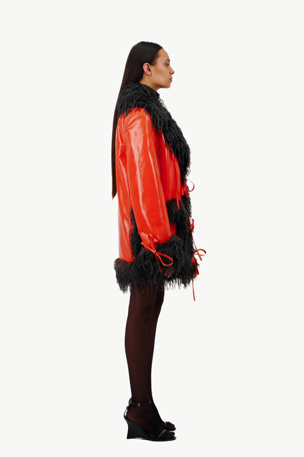 PATENT LEATHER COAT WITH FAUX FEATHER TRIM - 2 left - Vaillant Studio