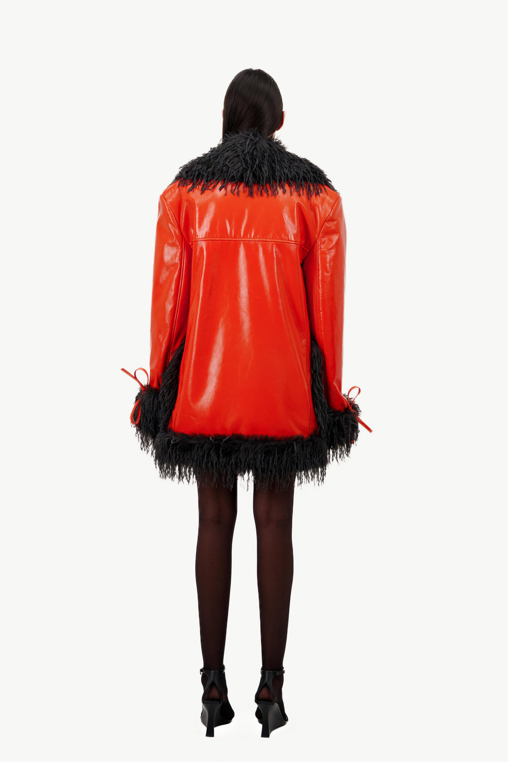 PATENT LEATHER COAT WITH FAUX FEATHER TRIM - 2 left - Vaillant Studio