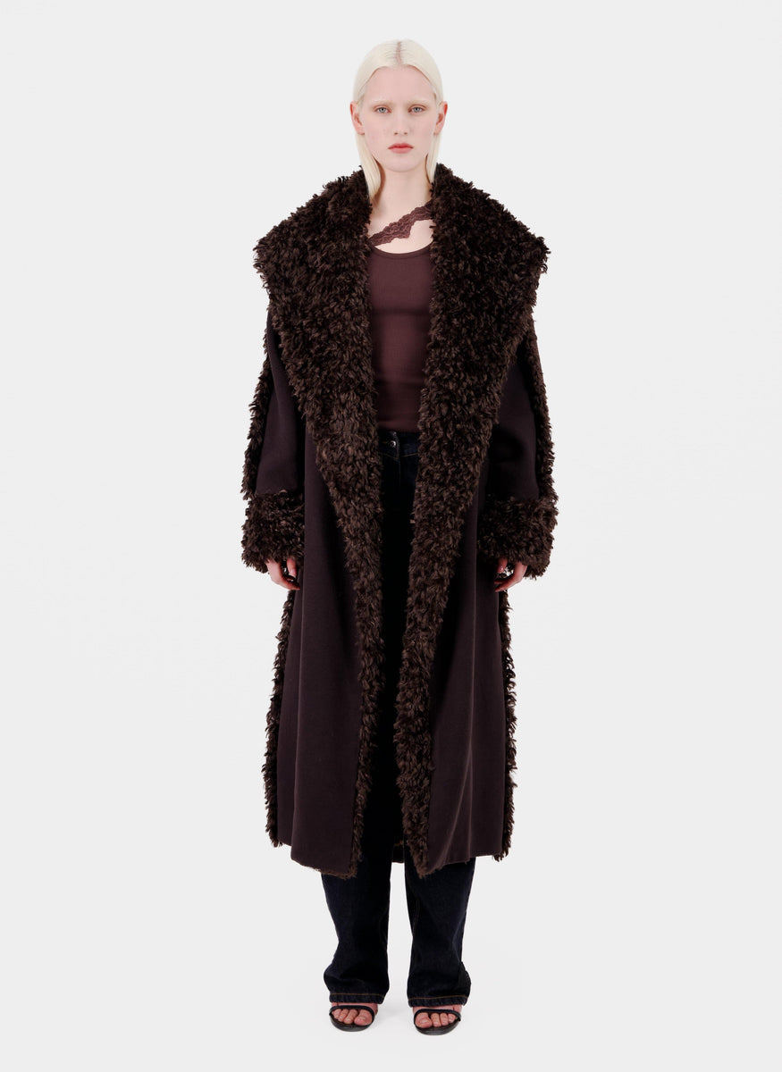 RELAXED FIT WOOL FELT WRAP COAT W/ FAUX FUR TRIM - Last one