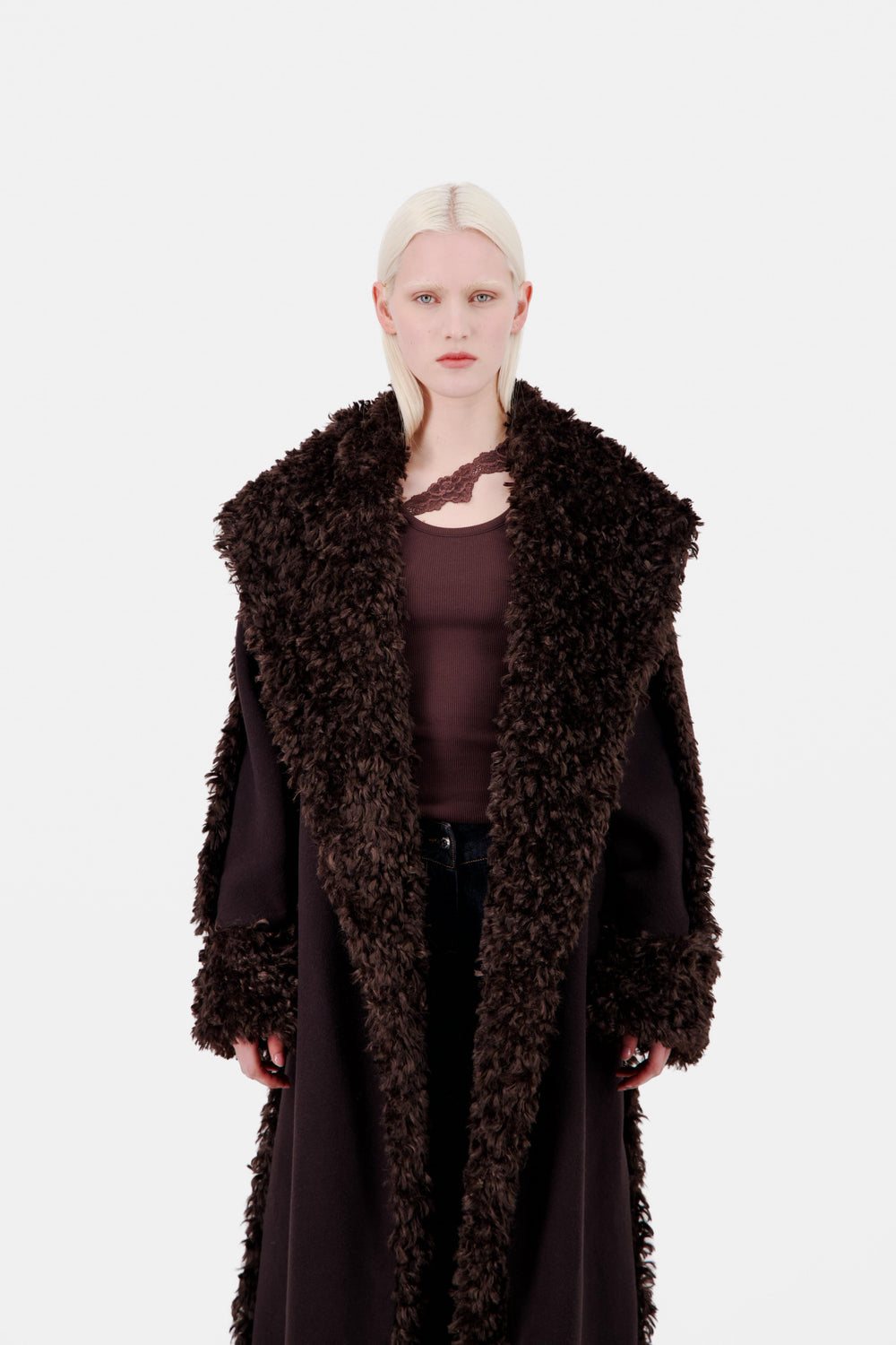 RELAXED FIT WOOL FELT WRAP COAT W/ FAUX FUR TRIM - Last one