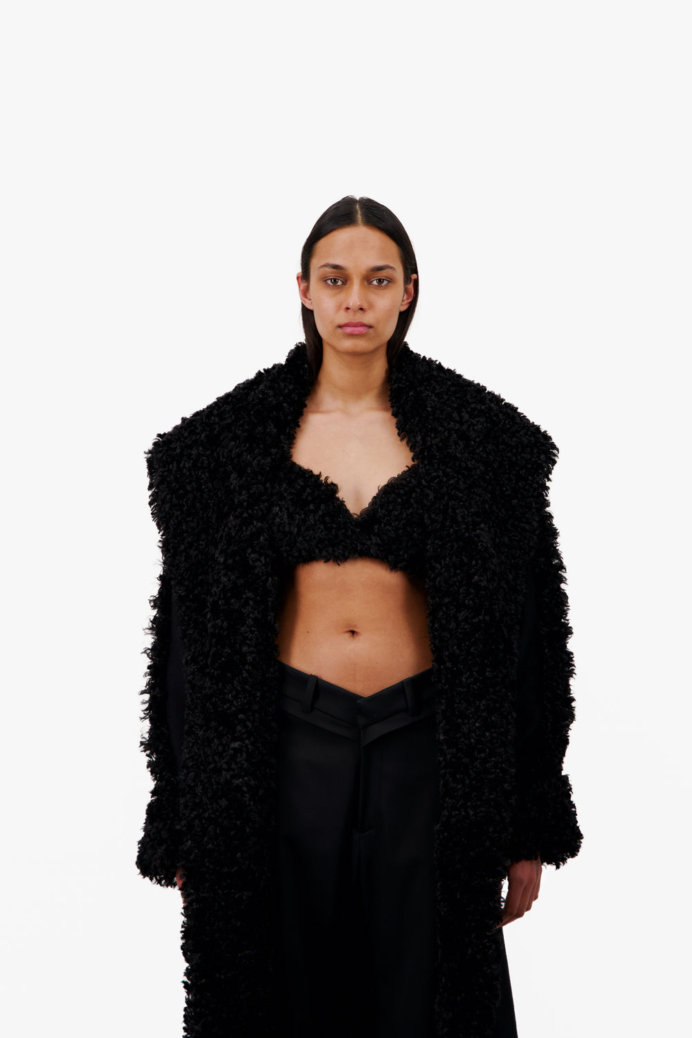 RELAXED FIT WOOL FELT WRAP COAT W/ FAUX FUR TRIM - Vaillant Studio