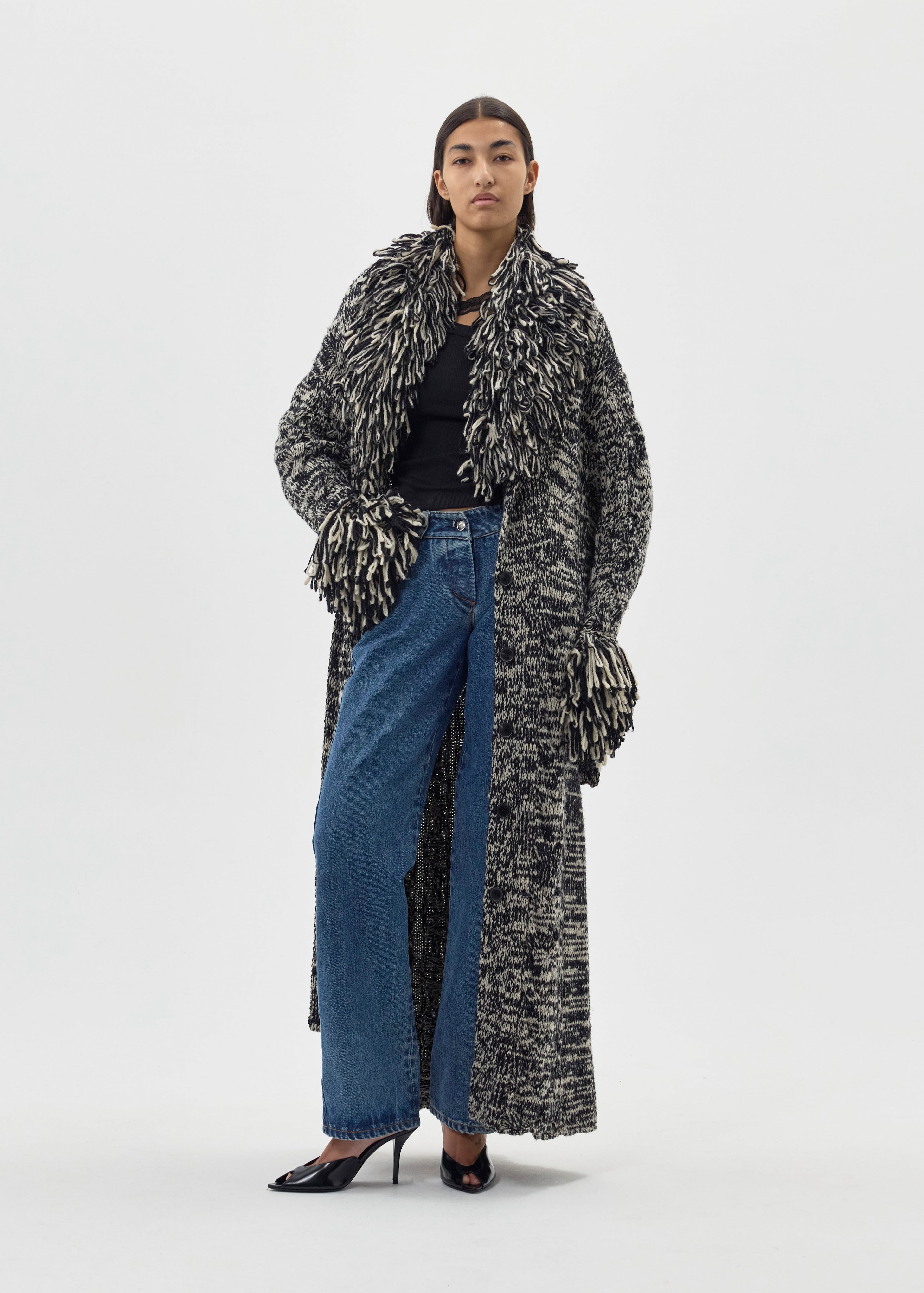 LONG KNIT ROBE COAT WITH BOUCLÉ COLLAR AND CUFFS - 3 Left