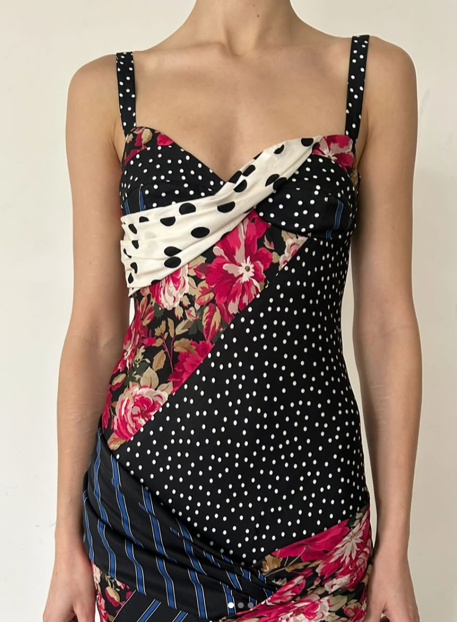 ASYMMETRIC PATCHWORK BIAS DRESS WITH  DRAPING DETAIL