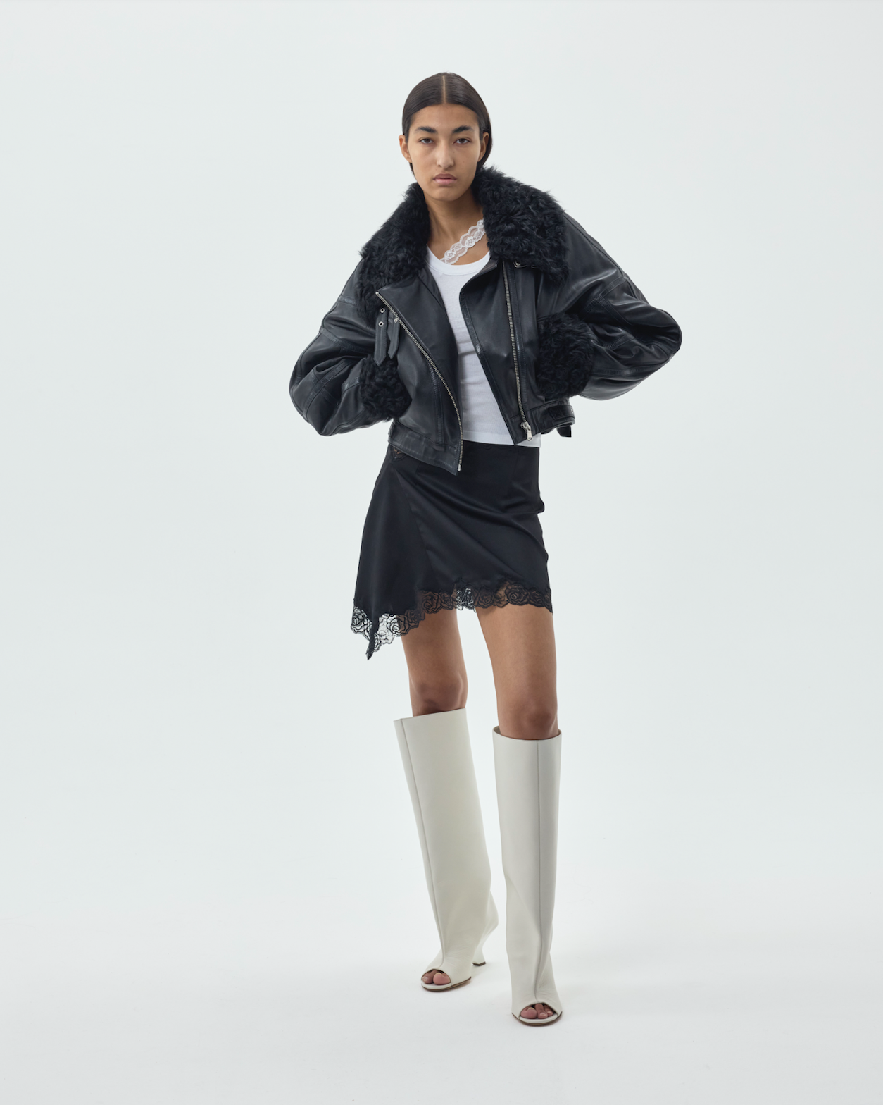 SIGNATURE PUFFY AVIATOR JACKET W/SHEARLING TRIM