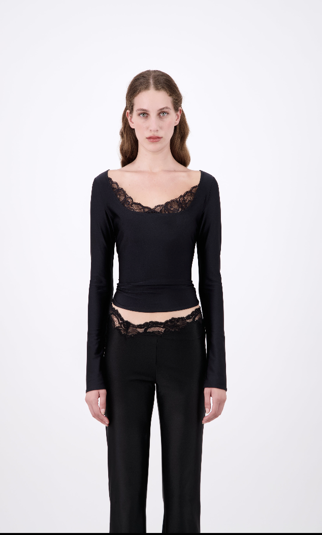 WIDE NECK LONG SLEEVE FITTED TOP WITH LACE TRIM
