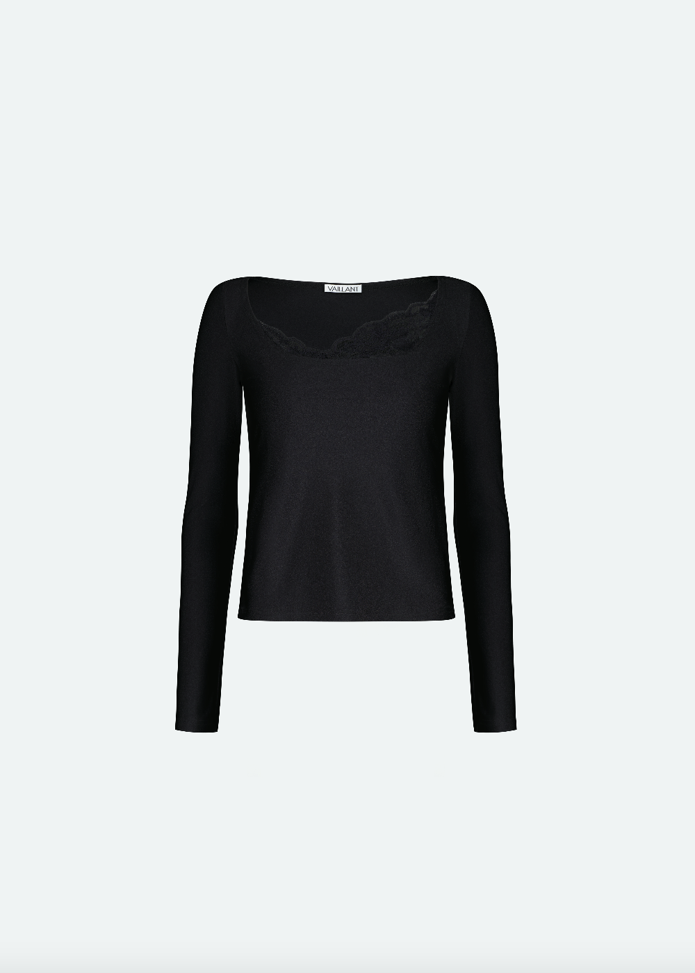 WIDE NECK LONG SLEEVE FITTED TOP WITH LACE TRIM