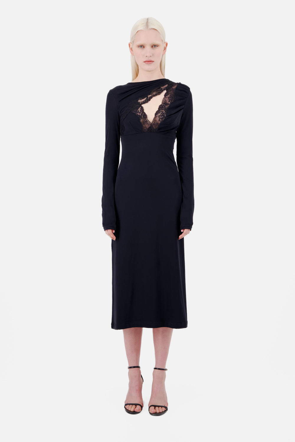 MIDI DRESS WITH LACE ASYMMETRICAL CHEST CUTOUT