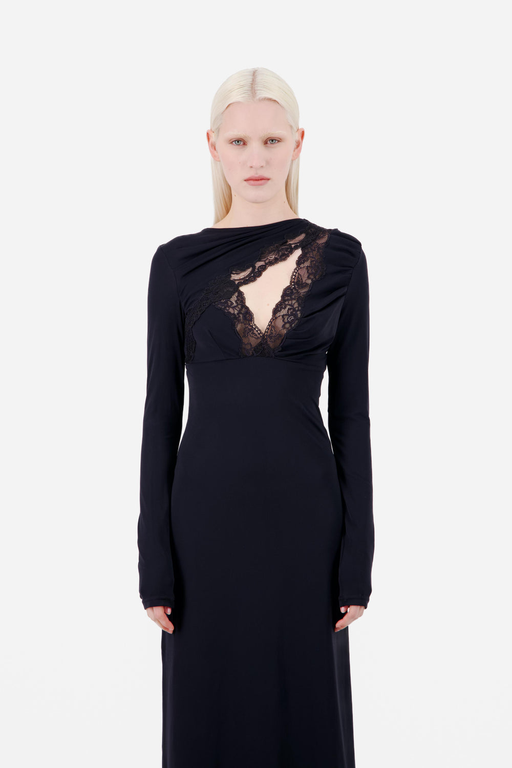 MIDI DRESS WITH LACE ASYMMETRICAL CHEST CUTOUT