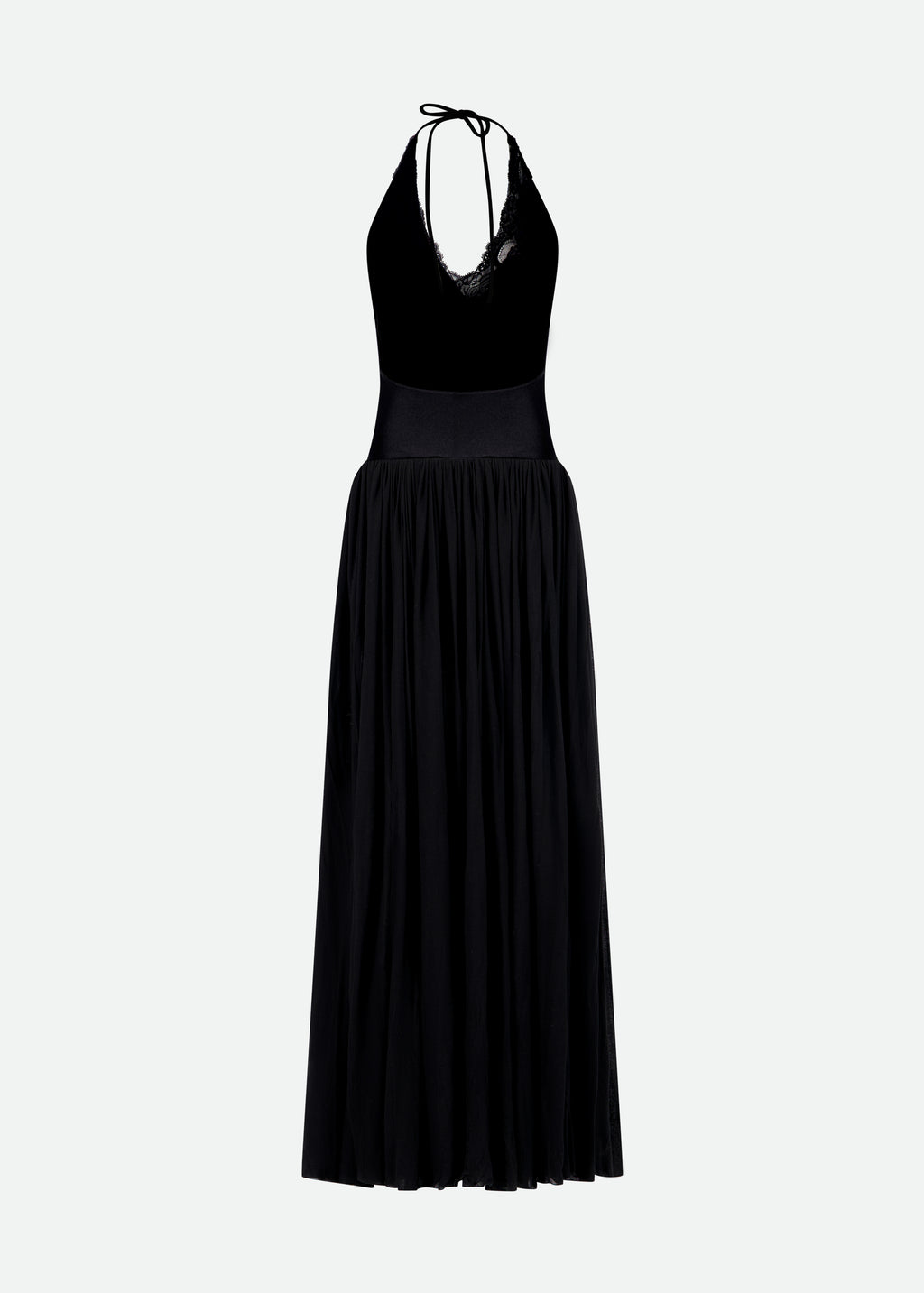 HALTER NECK BODYSUIT DRESS WITH GATHERED LONG SKIRT