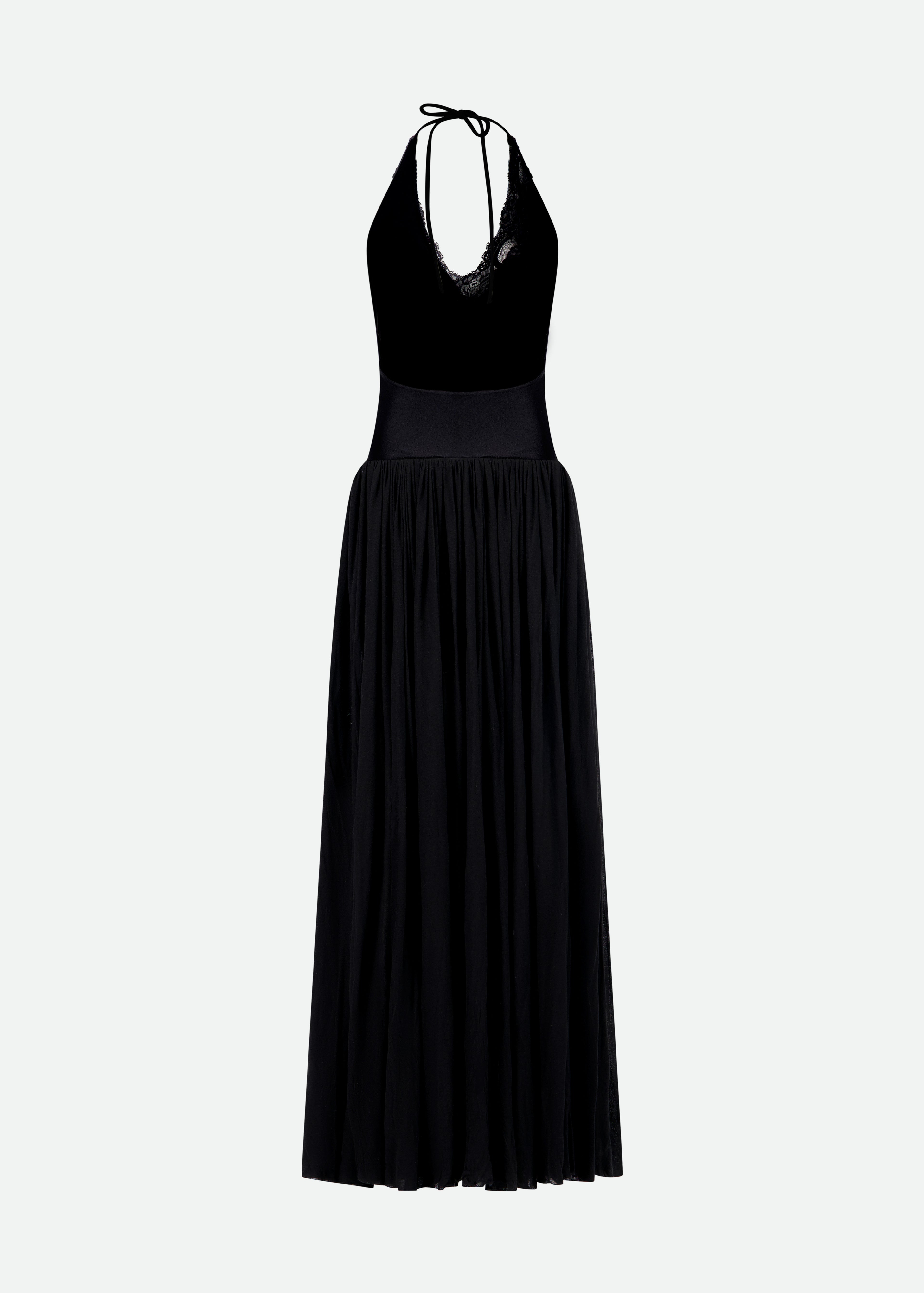 HALTER NECK BODYSUIT DRESS WITH GATHERED LONG SKIRT