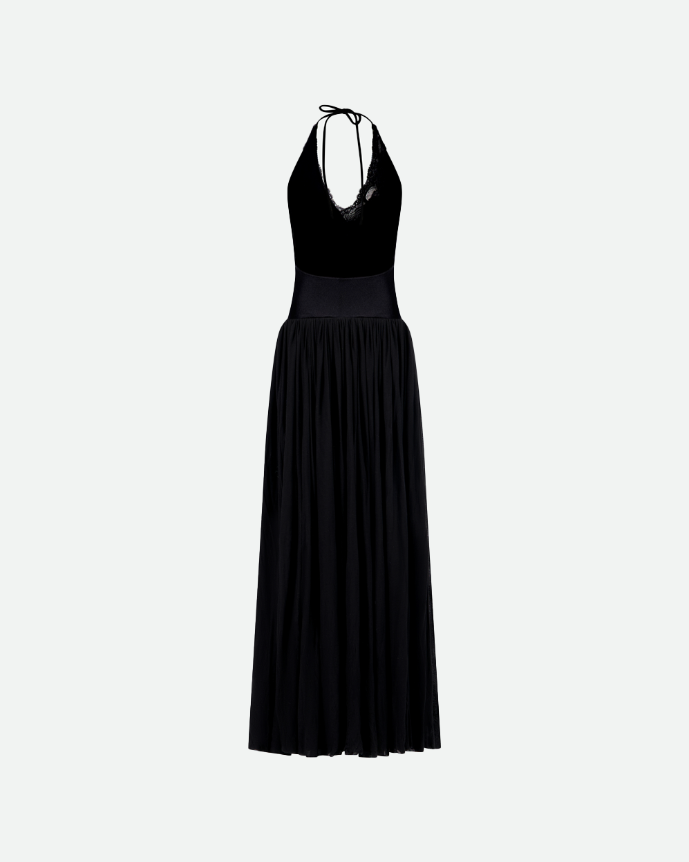 Backless Halter Maxi Bodysuit Dress Lace Bodice & Ruched Skirt Vaillant Studio Backless Halter Maxi Bodysuit Dress Lace Bodice & Ruched Skirt Vaillant Studio
