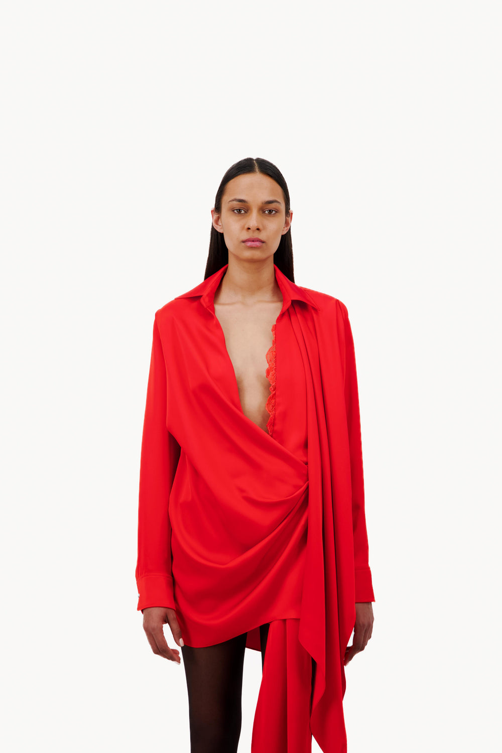 DRAPED SATIN SHIRT STYLE WRAP DRESS - Vaillant Studio